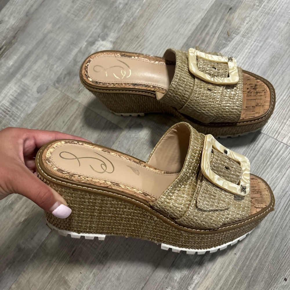 Women’s Beige Wedge Slide Sandals with Buckle